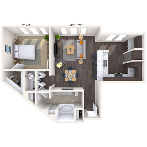 Floor plan for 1 bed, 1 bath, 840 sqft