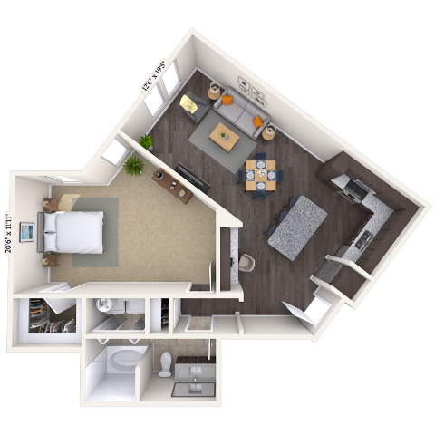 Floor plan for 1 bed, 1 bath, 792 sqft