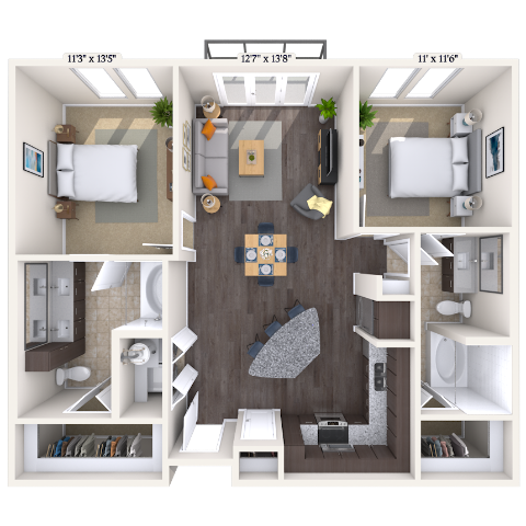 Floor plan for 2 beds, 2 baths, 1073 sqft