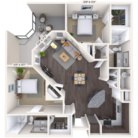 Floor plan for 2 beds, 2 baths, 1132 sqft