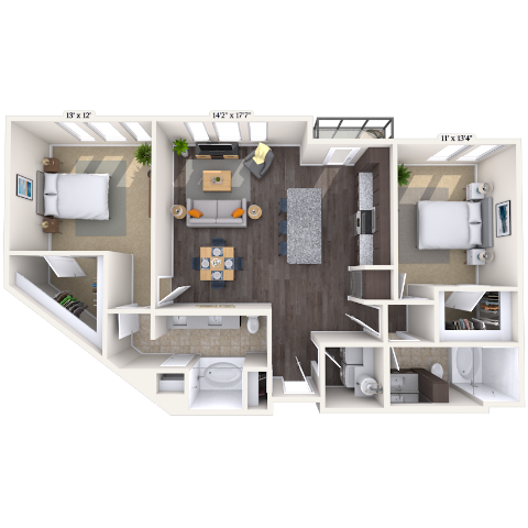 Floor plan for 2 beds, 2 baths, 1158 sqft