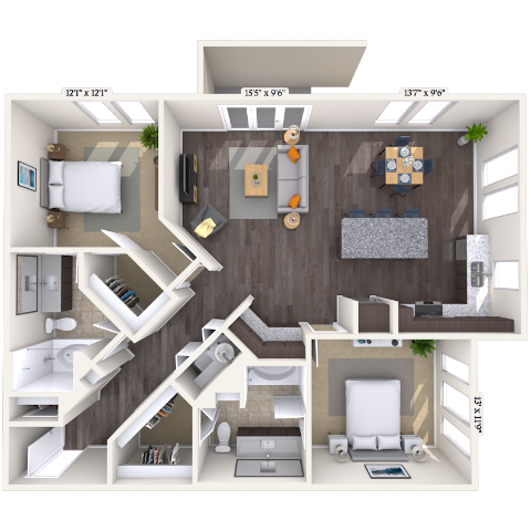 Floor plan for 2 beds, 2 baths, 1289 sqft