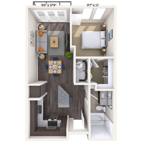 Floor plan for 1 bed, 1 bath, 593 sqft