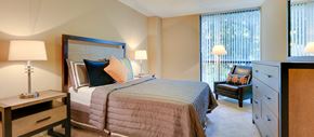 Dallas apartment for rent - a bedroom with a bed and a dresser and a window