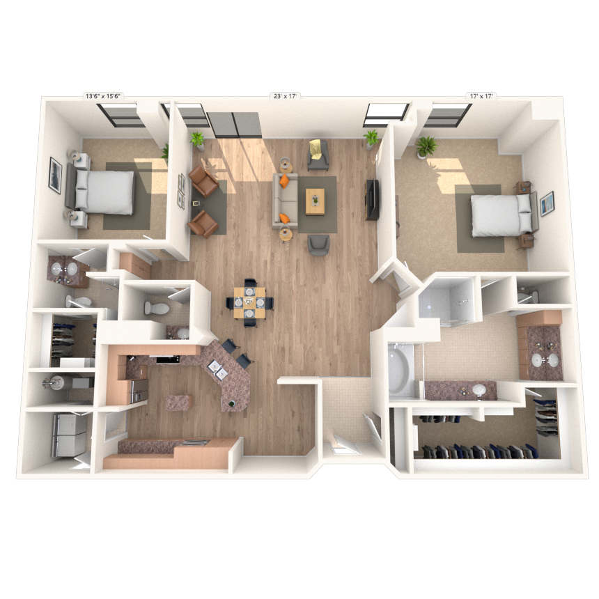 Floor plan for 2 beds, 2.5 baths, 2245 sqft