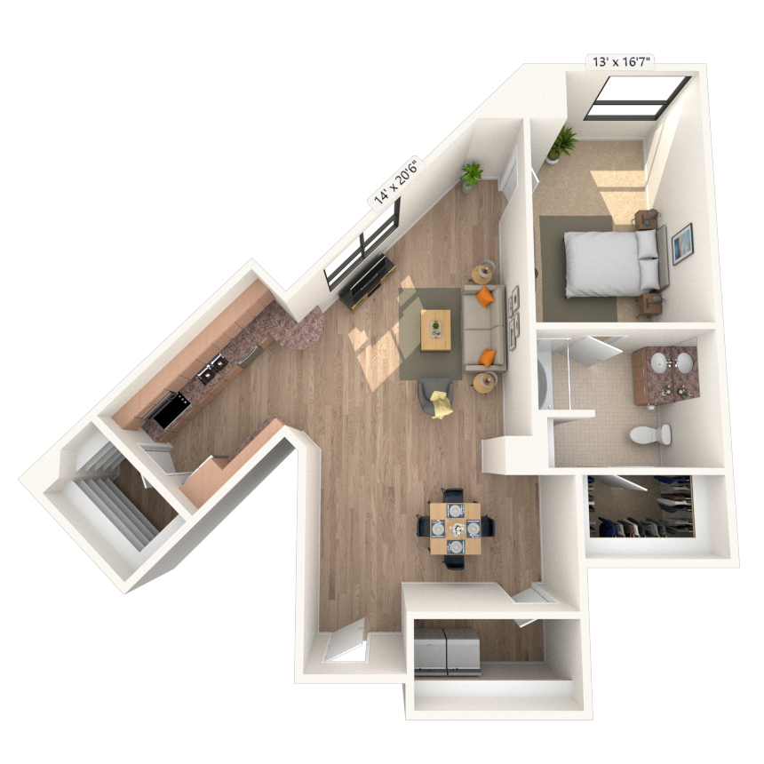 Floor plan for 1 bed, 1 bath, 1054 sqft