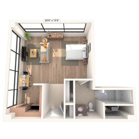Floor plan for studio, 1 bath, 608 sqft