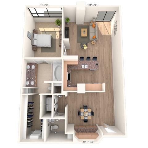 Floor plan for 1 bed, 1.5 baths, 1154 sqft
