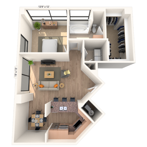Floor plan for 1 bed, 1 bath, 891 sqft