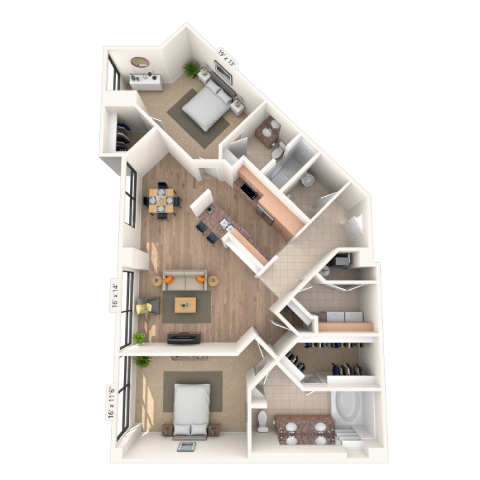 Floor plan for 2 beds, 2.5 baths, 1562 sqft