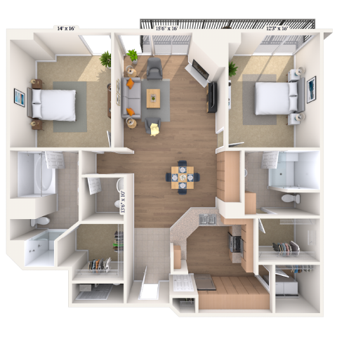 Floor plan for 2 beds, 2.5 baths, 1907 sqft