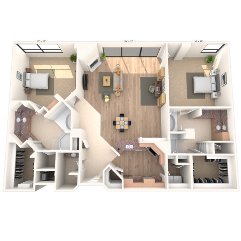 Floor plan for 2 beds, 2.5 baths, 2369 sqft