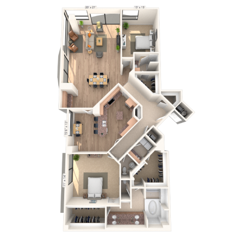 Floor plan for 2 beds, 2.5 baths, 2505 sqft