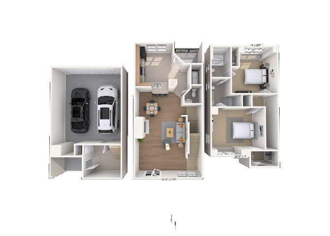 Floor plan for 2 beds, 2.5 baths, 1274 sqft