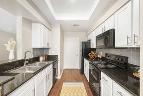 Austin apartment for rent - A kitchen with black countertops and white cabinets.