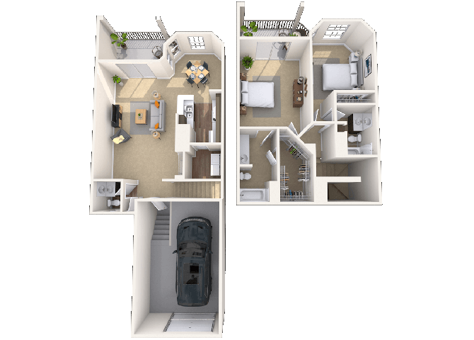 Floor plan for 2 beds, 2.5 baths, 1287 sqft