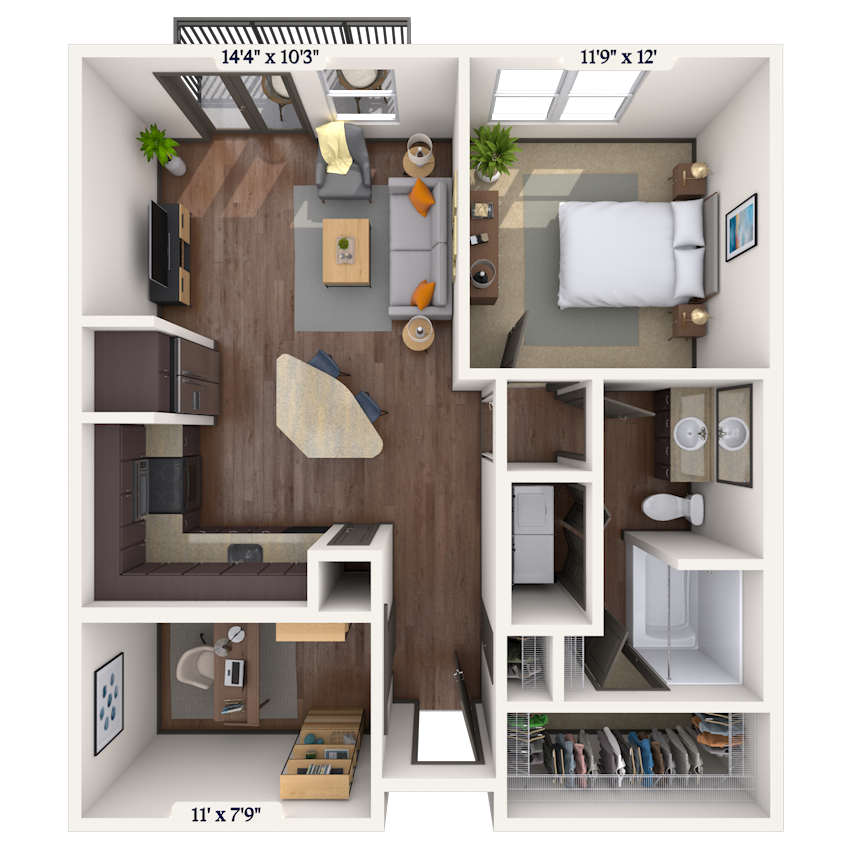 Floor plan for 1 bed, 1 bath, 803 sqft