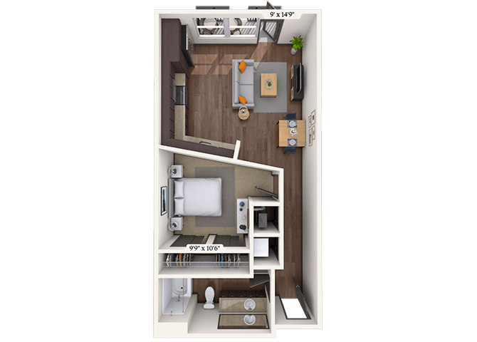Floor plan for 1 bed, 1 bath, 637 sqft