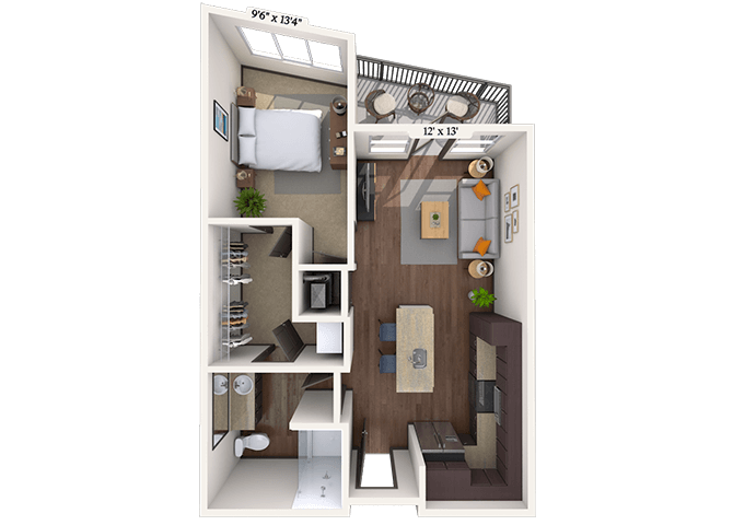 Floor plan for 1 bed, 1 bath, 818 sqft