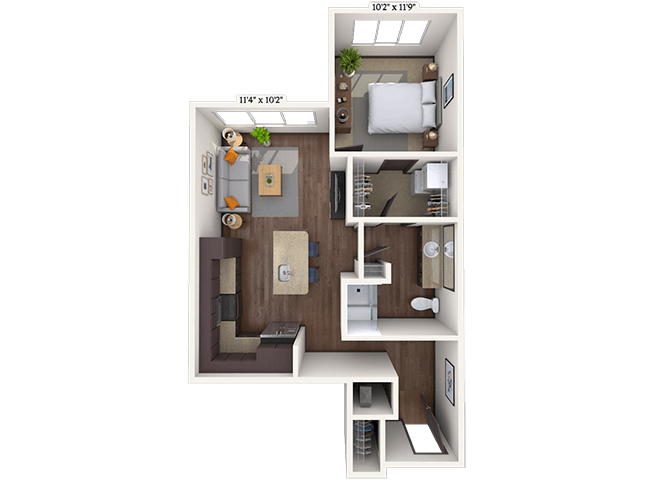 Floor plan for 1 bed, 1 bath, 760 sqft