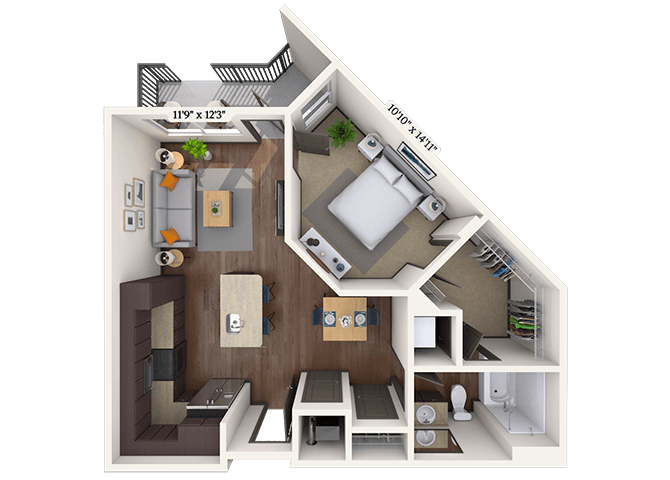 Floor plan for 1 bed, 1 bath, 701 sqft