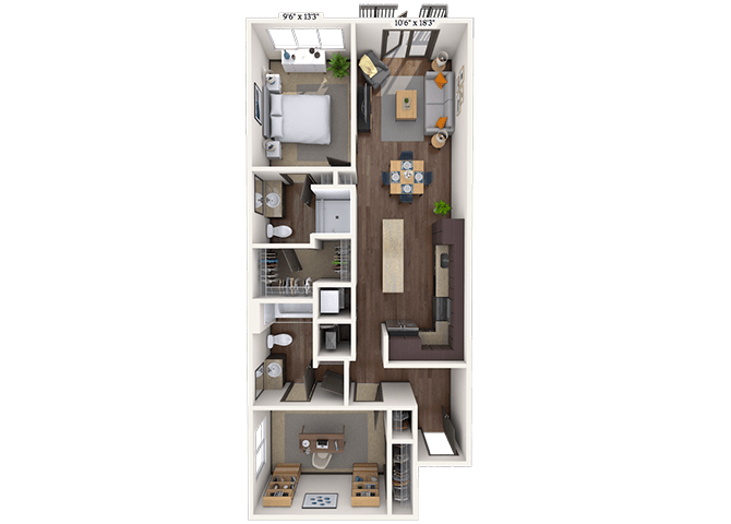 Floor plan for 2 beds, 2 baths, 966 sqft