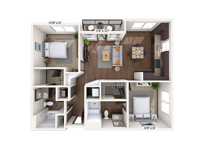 Floor plan for 2 beds, 2 baths, 990 sqft