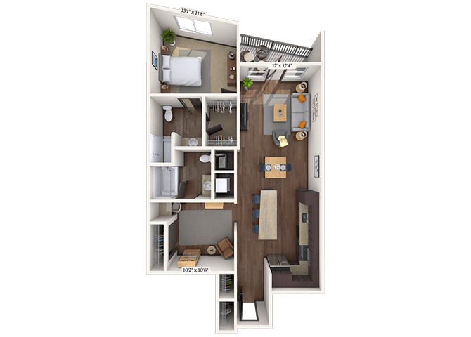 Floor plan for 1 bed, 2 baths, 1009 sqft