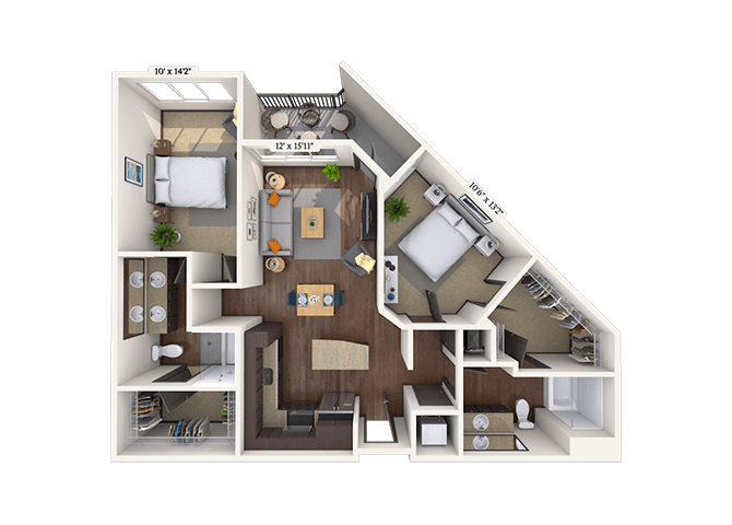 Floor plan for 2 beds, 2 baths, 1148 sqft