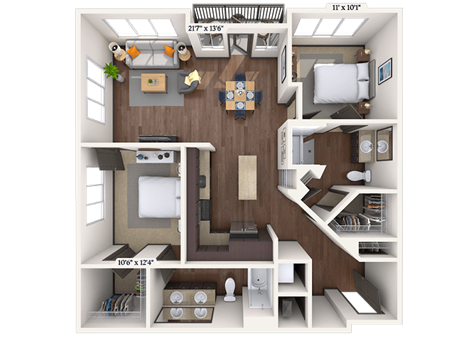Floor plan for 2 beds, 2 baths, 1093 sqft