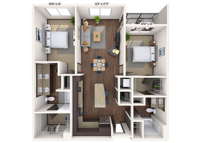 Floor plan for 2 beds, 2 baths, 1130 sqft