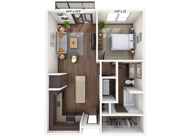 Floor plan for 1 bed, 1 bath, 713 sqft