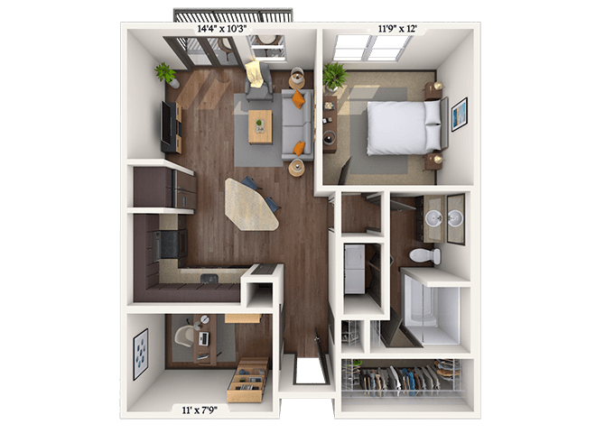 Floor plan for 1 bed, 1 bath, 803 sqft