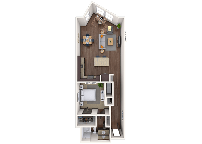 Floor plan for 1 bed, 1 bath, 888 sqft