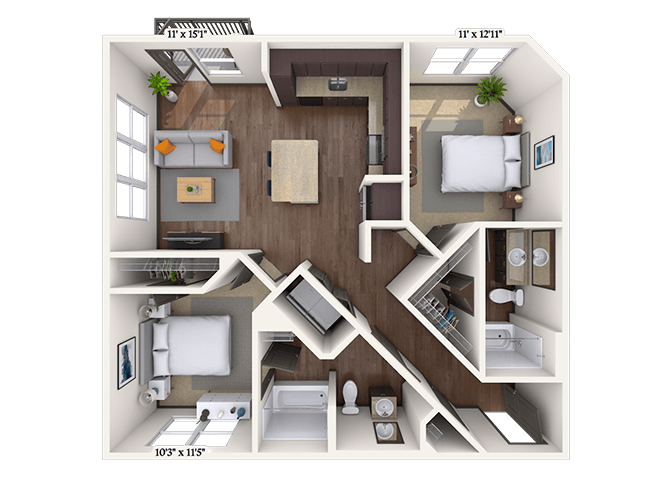 Floor plan for 2 beds, 2 baths, 986 sqft