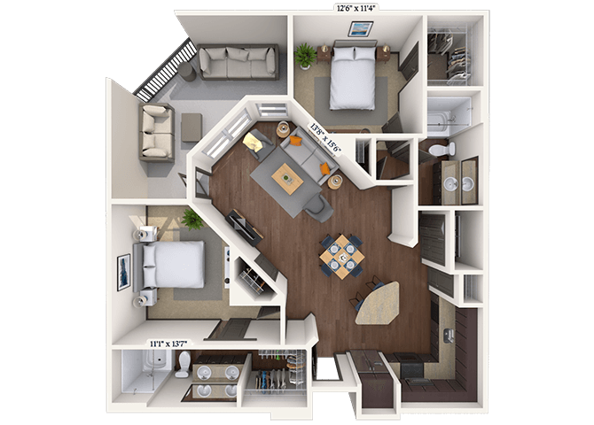 Floor plan for 2 beds, 2 baths, 1146 sqft