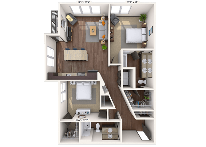 Floor plan for 2 beds, 2 baths, 1190 sqft