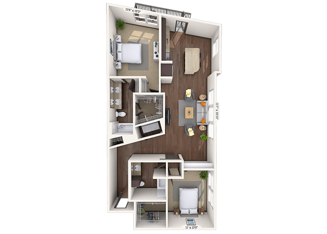 Floor plan for 2 beds, 2 baths, 1252 sqft