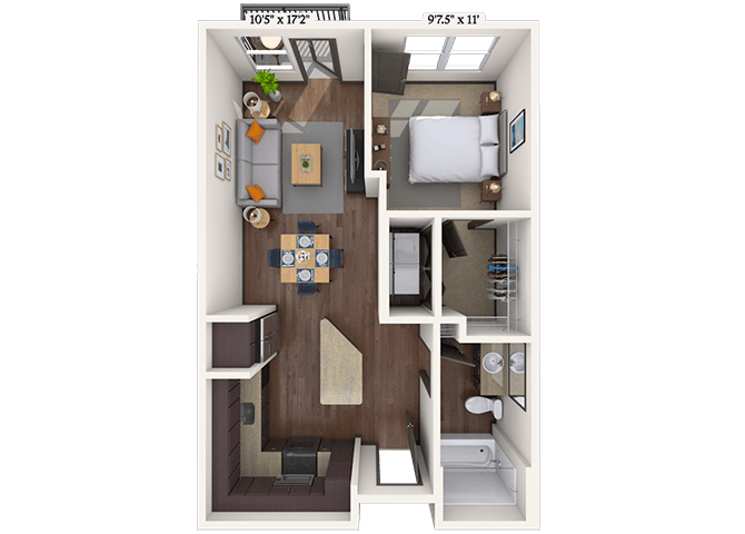 Floor plan for 1 bed, 1 bath, 593 sqft
