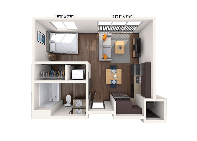 Floor plan for studio, 1 bath, 401 sqft