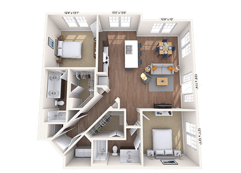 Floor plan for 2 beds, 2 baths, 1278 sqft