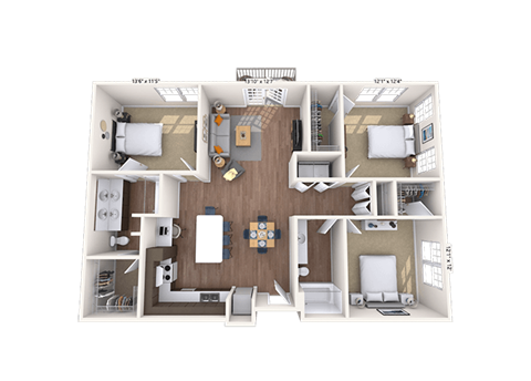 Floor plan for 3 beds, 2 baths, 1347 sqft