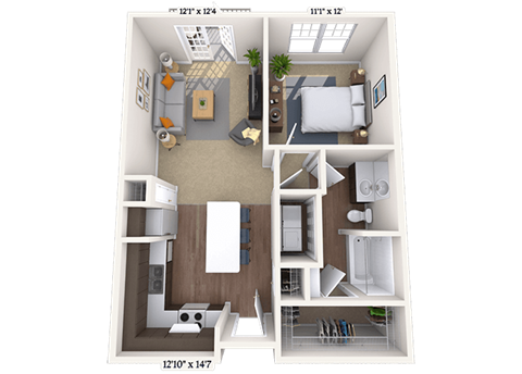 Floor plan for 1 bed, 1 bath, 743 sqft