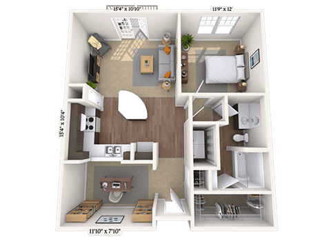 Floor plan for 1 bed, 1 bath, 862 sqft