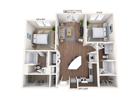 Floor plan for 2 beds, 2 baths, 1133 sqft