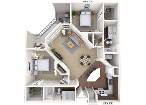 Floor plan for 2 beds, 2 baths, 1138 sqft