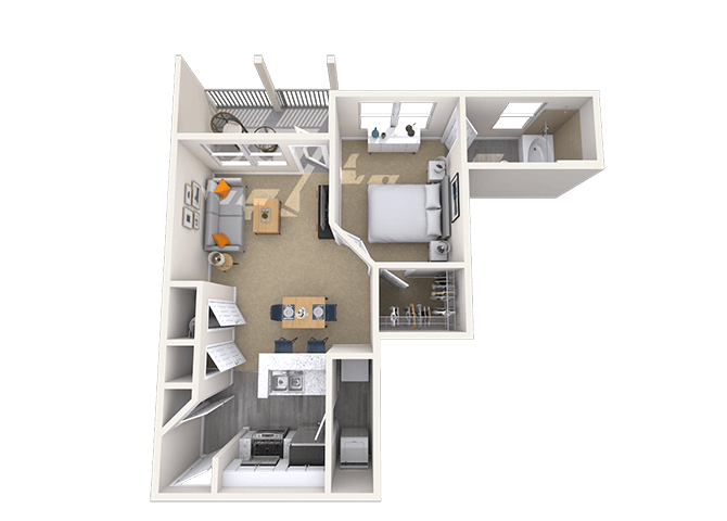 Floor plan for 1 bed, 1 bath, 610 sqft