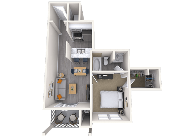 Floor plan for 1 bed, 1 bath, 596 sqft