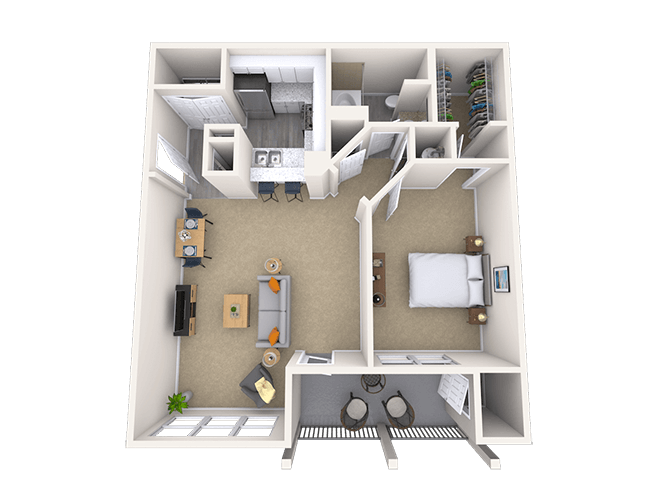 Floor plan for 1 bed, 1 bath, 884 sqft