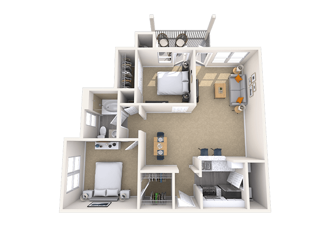 Floor plan for 2 beds, 1 bath, 993 sqft